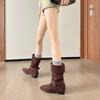 Suede retro mid-tube pointed boots 2025 autumn belt buckle knight booties mid-heel pleated western cowboy pile boots