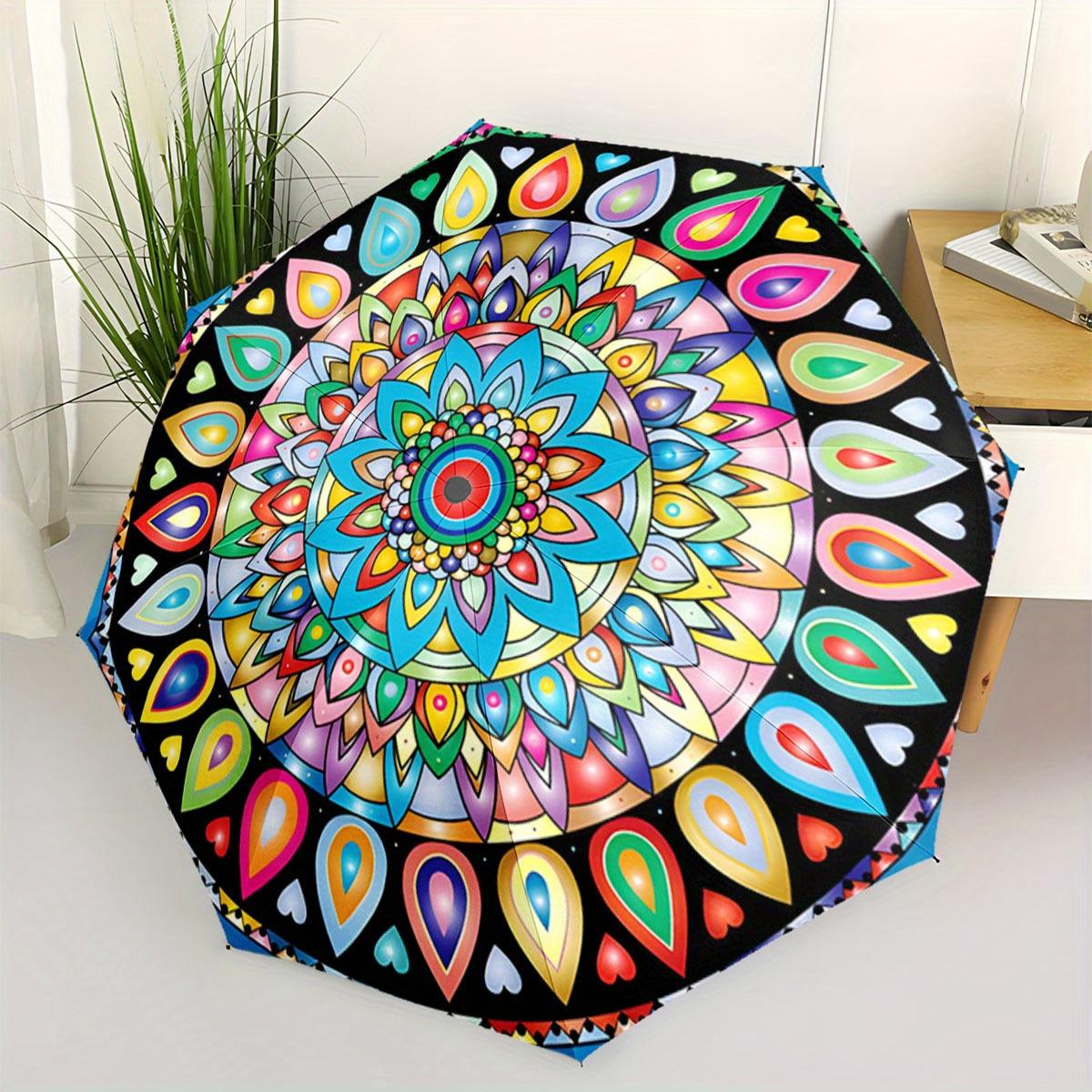 

Automatic Folding Umbrella Circular mandala with colorful geometric shapes. Portable collapsible design, casual outdoor access (as the picture,iron&8K)
