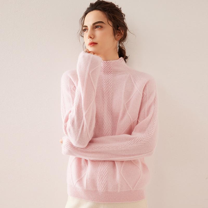 Semi-Turtleneck Rhombus Knitted Sweater Women'S Loose Lazy Pullover Wool Sweater Autumn And Winter New Thickened Knitted Bottoming Shirt