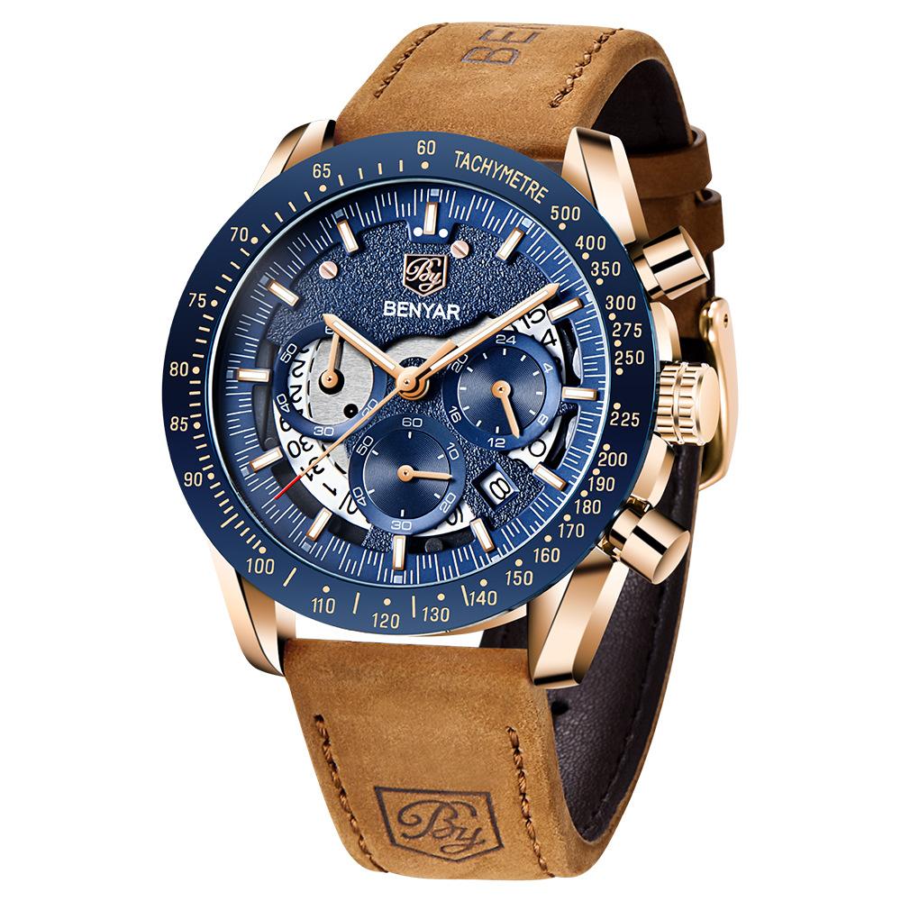 Benyar 5120 Watches Relojes Hombre New Men's Business Alloy Casual Stainless Leather Strap Quartz 5120 Wristwatch Fashion Watch