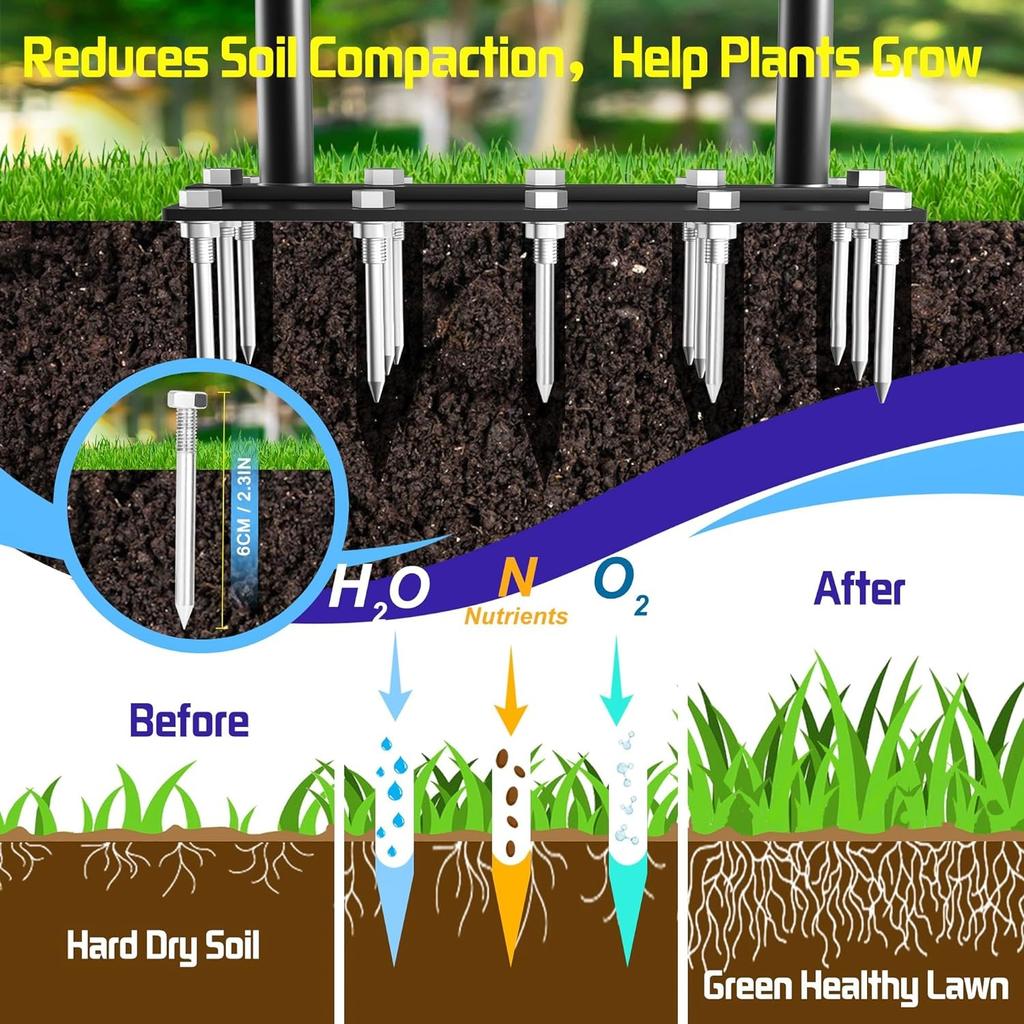 Lawn Aerator Spike Manual Tool with 15 Iron Spikes 2 In 1 Grass Soil Aeration Tool for Lawn Air Aerator Garden & A Cleaning Tool