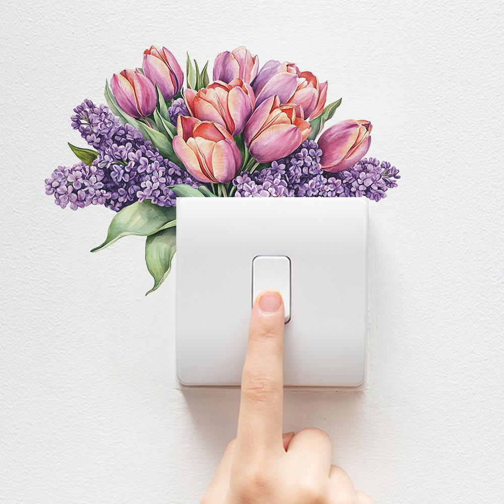 Hand Painted Purple Tulips Switch Plate Sticker for Bedroom Living Room Background Home Decor Self-Adhesive Removable Decal