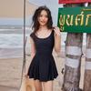 Simple Temperament Black One-piece Skirt Swimsuit Women's Belly Cover Shows Slimming Fairy Fan Vacation Hot Swimming Suit