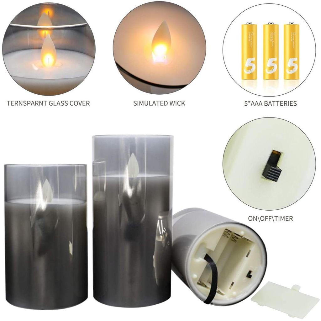 Real Wax LED Glass Pillar Flameless Candles | Faux Dancing Wick | Tinted Grey Glass | Battery Powered with Multifunctional Remote Controller