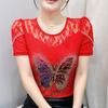 Summer New Sexy Off Shoulder Lace T-Shirt Women's Shiny Butterfly Hot Diamonds Designer Tops Elegant Slim Female Tees