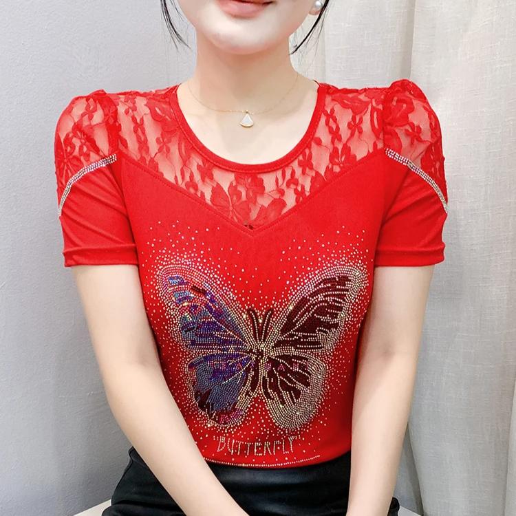 Summer New Sexy Off Shoulder Lace T-Shirt Women's Shiny Butterfly Hot Diamonds Designer Tops Elegant Slim Female Tees