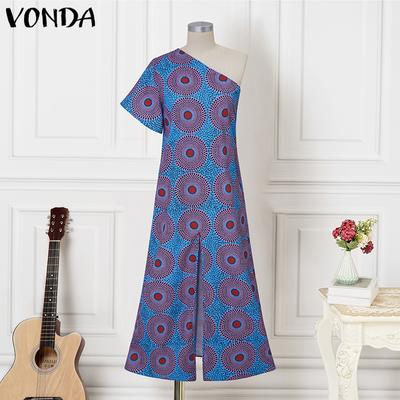 Women One Shoulder Dress Summer Strapless Floral Print Casual Splits Maxi Dress