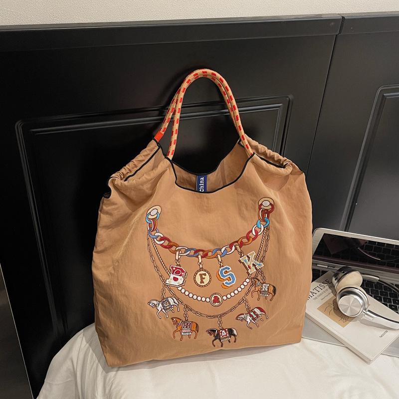 2026 Spring Japanese Style Eco-friendly Nylon Embroidered Tote - Large Capacity Casual Single Shoulder Bag for Women
