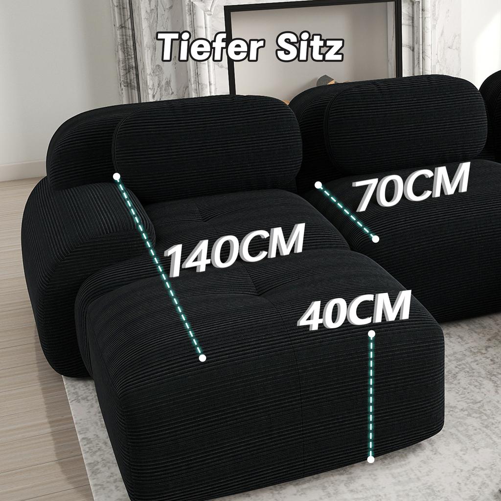 Corner Sofa Made of Corduroy Fabric, Frameless, Combinable with Curved Armrests, No Assembly, Padding for Living Room and Bedroom, Black