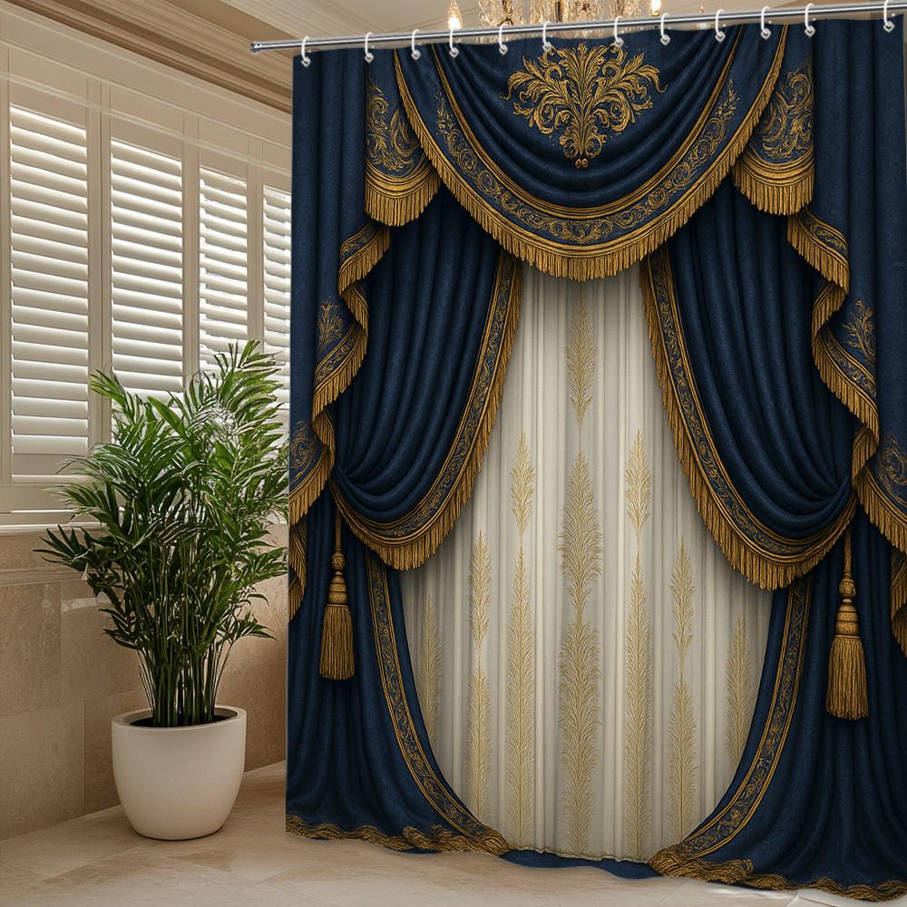 Royal Blue Gold Embroidered Theater Shower Curtain Machine Washable All Season Waterproof Privacy Protection Design Elegant