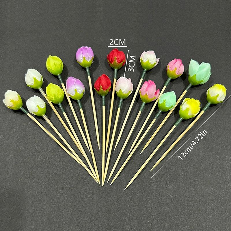 10Pcs Flower Bamboo Sticks Cake Topper Tulip Pod Cocktail Picks For Appetizers Fruit Sticks For Wedding Birthday Dessert Decor