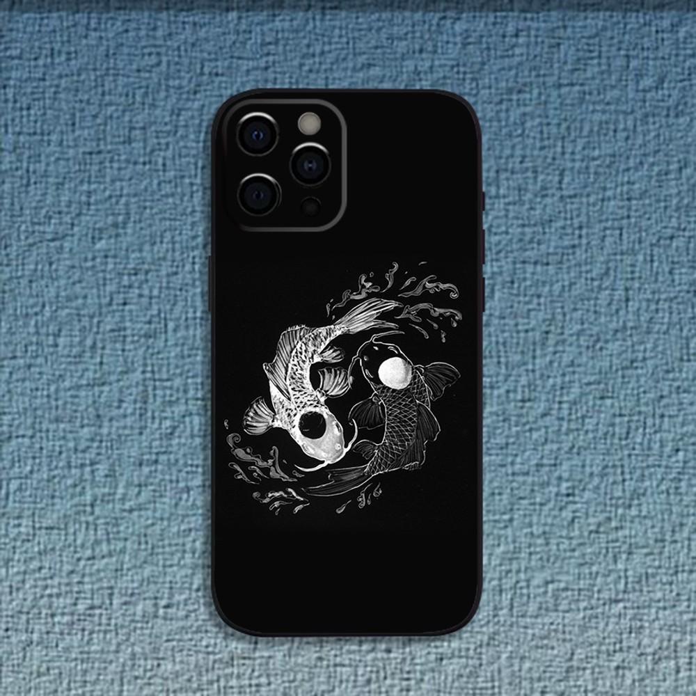 Koi Carp Fish Yin Yang Art Phone Case For iPhone 16,15,14,13,12,11,Pro,X,XS,Max,XR,Plus,Mini Soft Black Cover