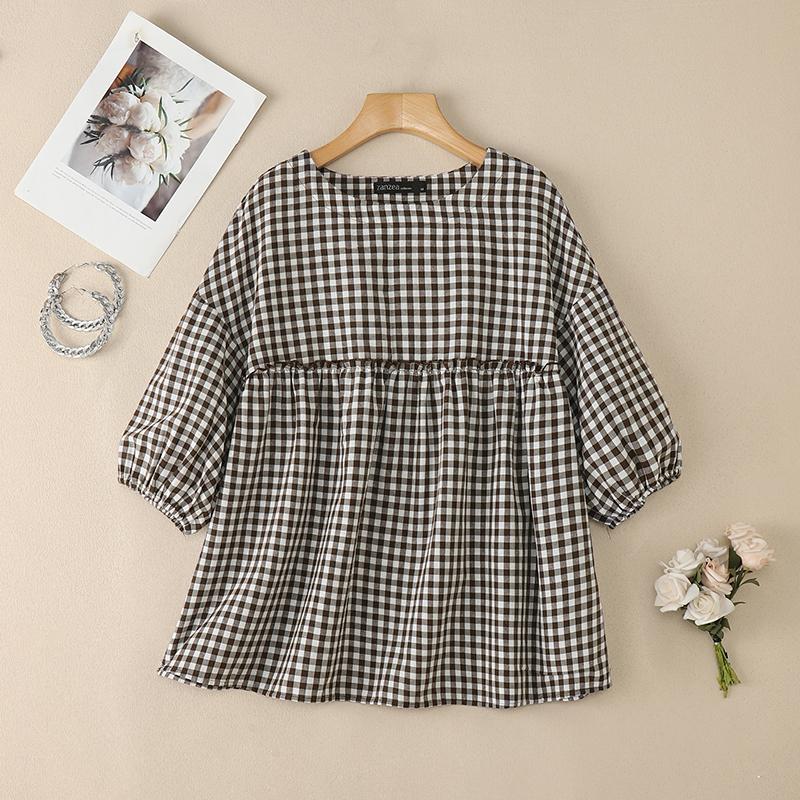 ZANZEA Women Casual Round Neck Half Sleeve Loose Plaid Print Blouse