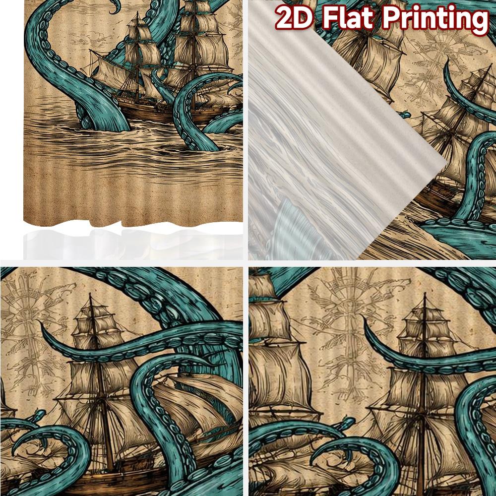 2D FLAT PRINTING 2pcs Curtains (Without Rod) Tall Ships and Tentacles Chic Chic Curtains Prints Light Filtering Curtains