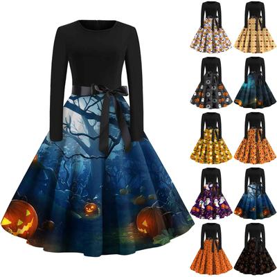 Damenmode-Rundhalsausschnitt, lässig, schmal geschnitten, Halloween-bedrucktes Langarmkleid