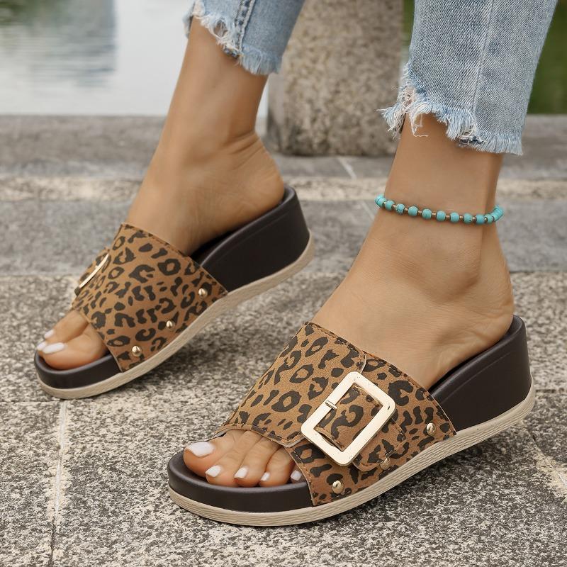 Summer new slope heel belt buckle niche one-word women's cool slippers fashion casual outer slippers women