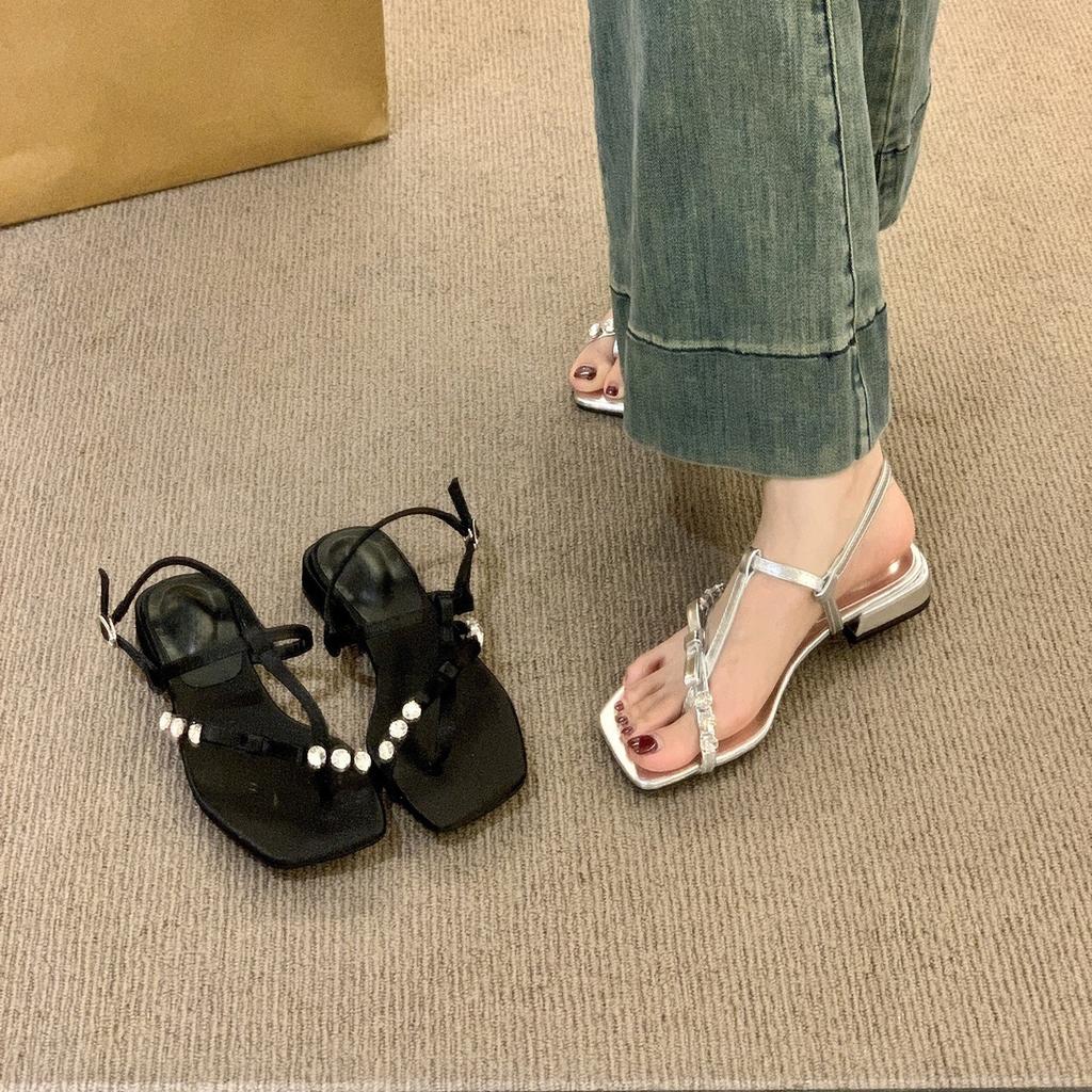 French temperament silver rhinestone square toe low heel sandals women's 2025 new summer skirt Roman sandals