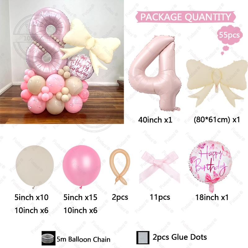 55PCS Pink Bow Theme Bouquet Balloon Set with 40inch Pink Number Girl First Birthday Party Decoration Baby Shower Helium Globos