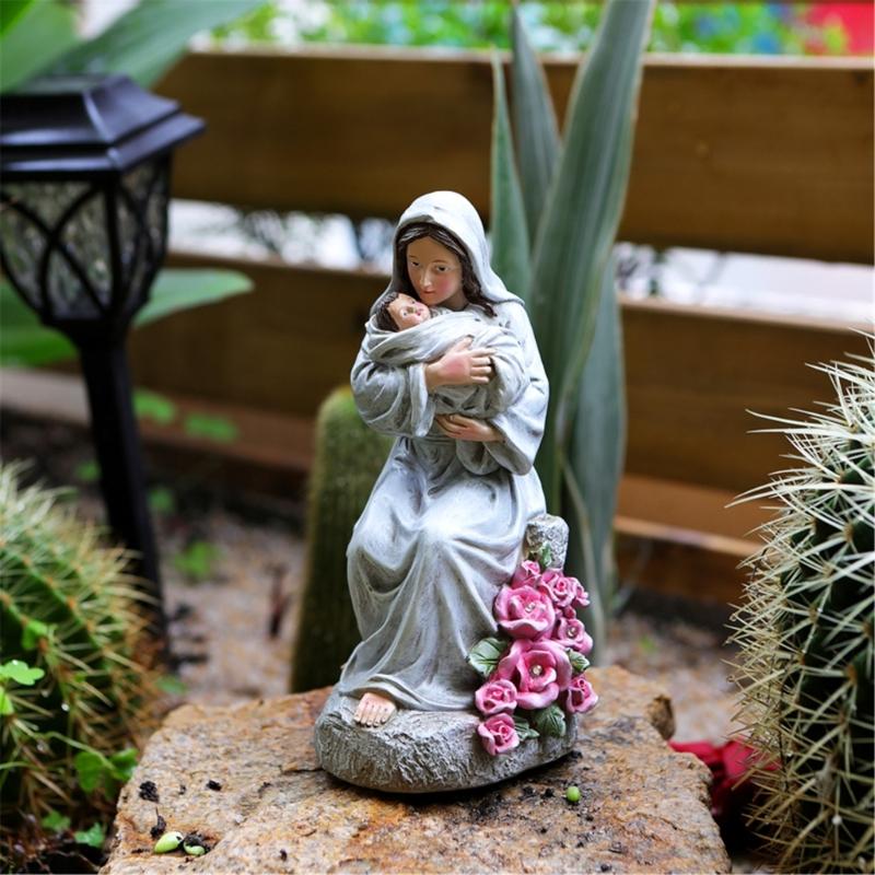 Artistic Religious Mother Son Statue Resins Figurine with LED Light Nursery Decors Mother Day Present For New Mom