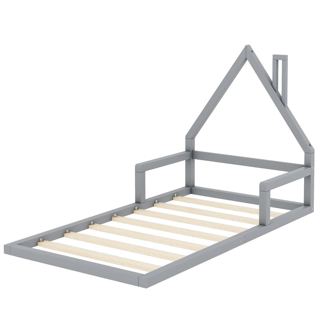 90*200cm Children's Bed, Low Bed, House Shape, Solid Pine, Simple Design, Gray