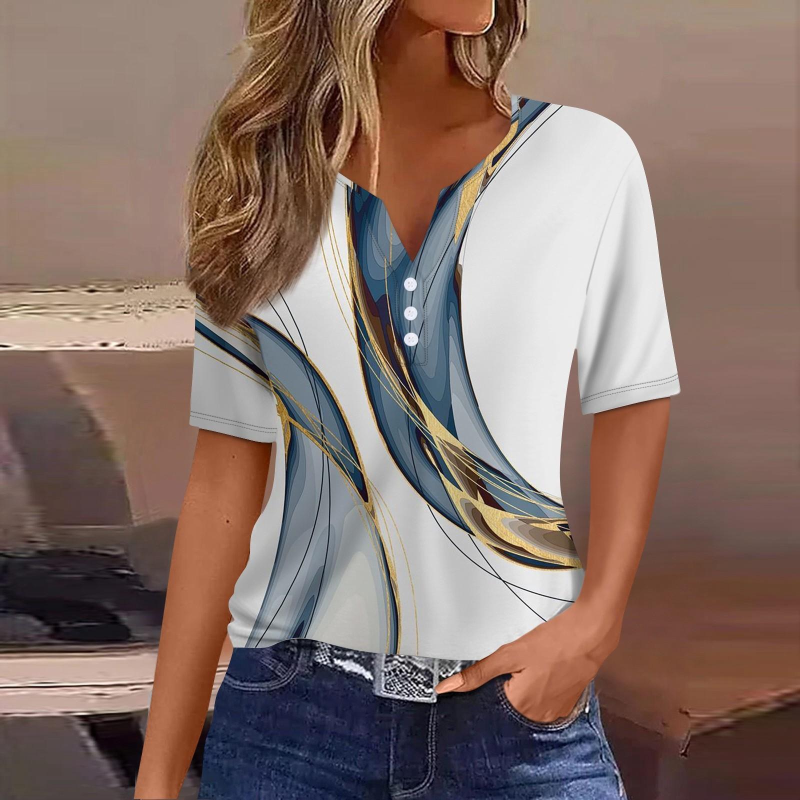 

Жен. Футболка Футболка С принтом Пуговицы С короткими рукавами Повседневные Выходные Мода Классический V-образный вырез Обычный Верх XL белый