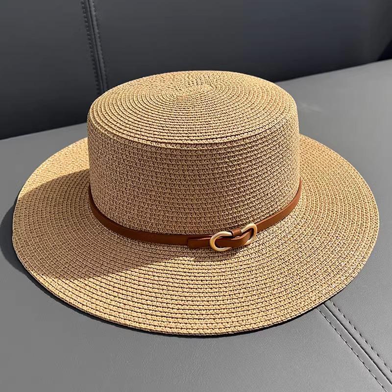 Flat top straw hat women's summer sunshade sunscreen hat vacation style straw hat top hat travel seaside beach hat