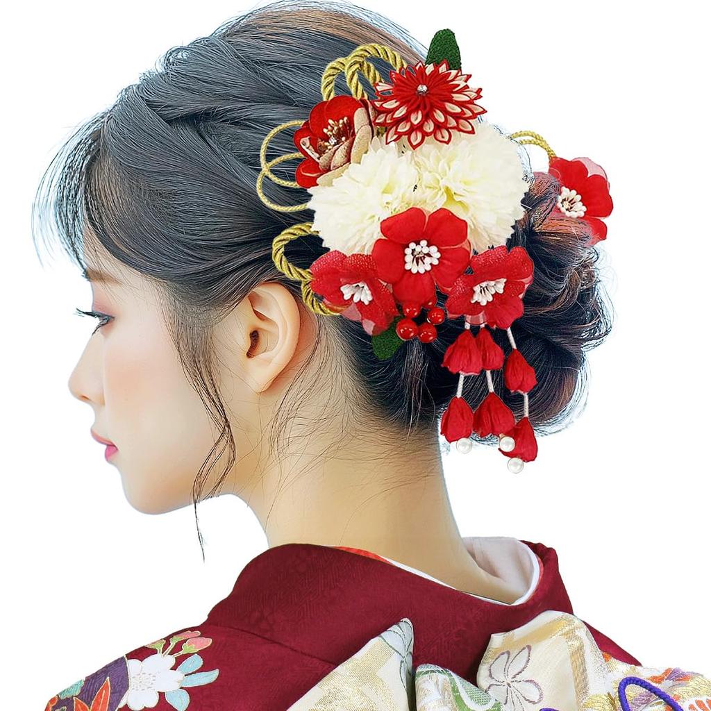Hair Accessory Set for Furisode and Ceremonies Featuring Red Flowers Two-piece (long-sleeved Kimono) Coming-of-age (wk-077) Tsumami-zaiku (red)