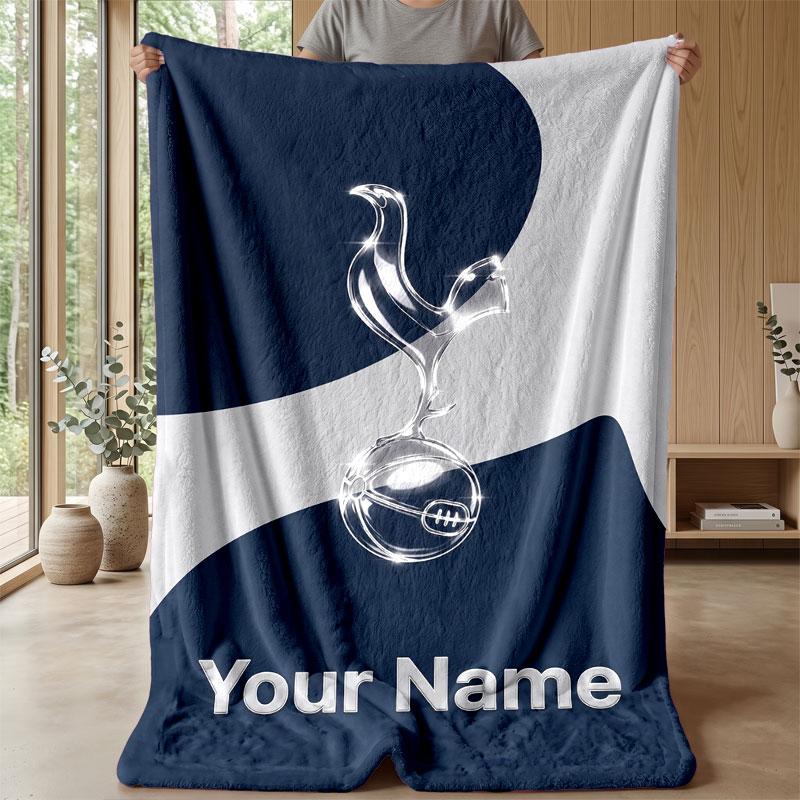 Tottenham Hotspur FC Custom Name Text Flannel Blanket Soccer Logo Personalized Fleece Throw Blanket Special Gift For Sofa Bedroom Home