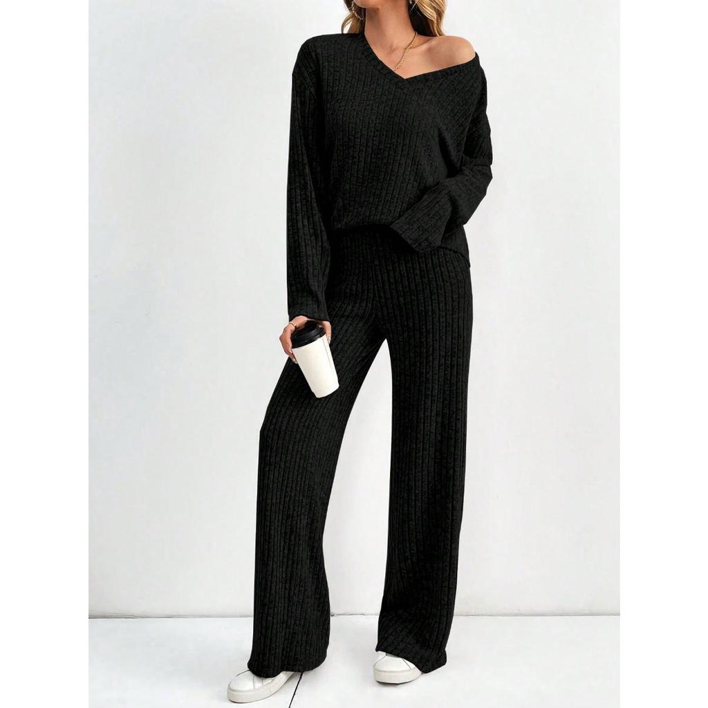 Conjunto de Ropa para el Hogar Casual de Moda para Mujer Otoño e Invierno con Rayas de Piqué y Arenado, Conjunto para Mujer Otoño e Invierno