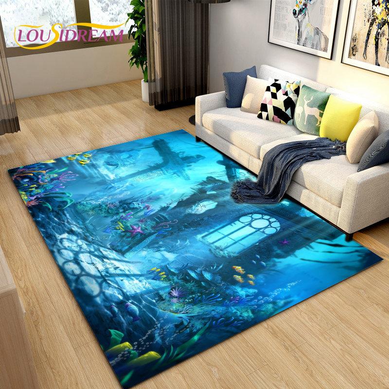 3D Seabed Illusion Underwater World Dolphin Shark Area Rug,Carpet Rug for Living Room Bedroom Sofa Doormat,Non-slip Floor Mat