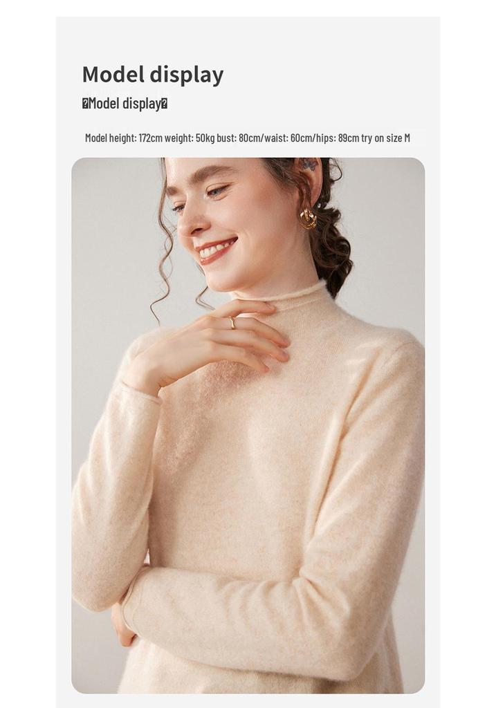 Women's Cashmere Sweater: Solid Color, Rolled Hem, Half-High Collar, Long Sleeve, Loose Fit, Versatile Knitwear for Autumn and Winter.