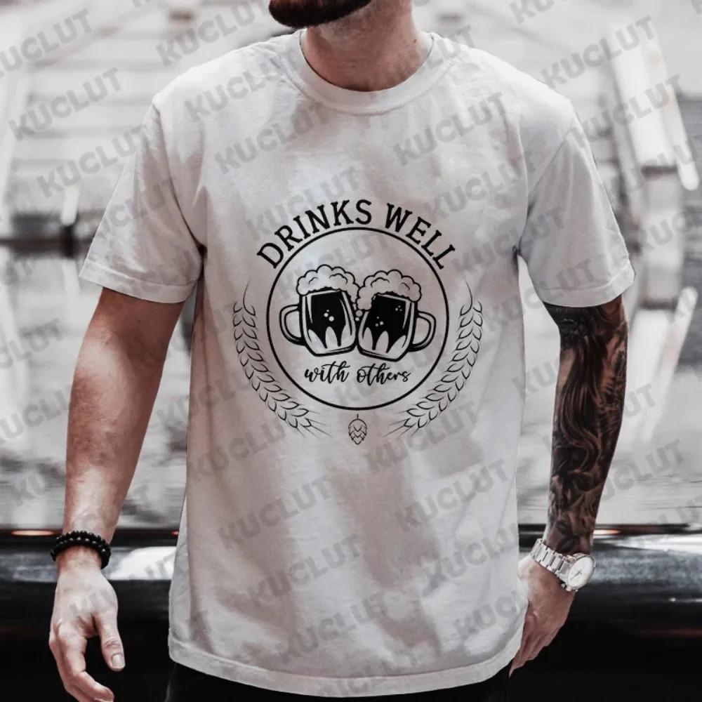 Drinks Well with Others Graphic T Shirt for Men Funny Beer Clothes Plus Size Matching Tees Outfit Short Sleeve Tops Streetwear