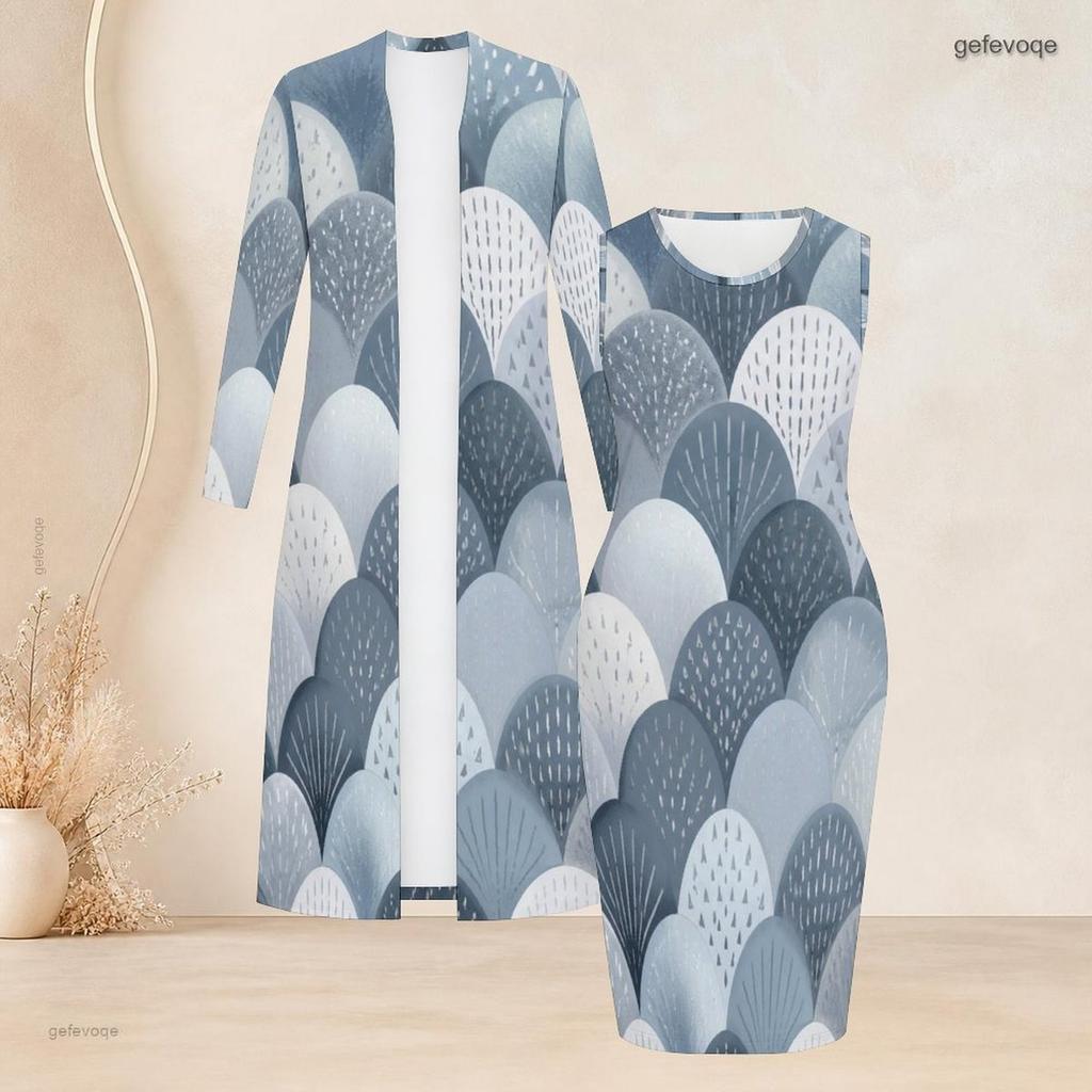 Women Plus Size Printed Two Piece Set Long Sleeve Open Front Cardigan Sleeveless Bodycon Dress
