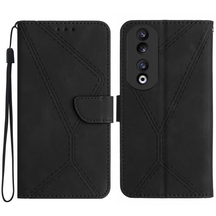 

HT05 Stand Wallet Phone Cover for Honor 90 Skin-touch PU Leather Imprinted Line Case