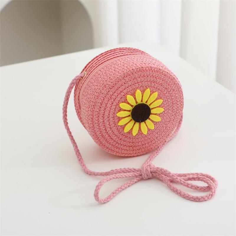 Summer Solid Color Straw Bag Shoulder Messenger Round Bag Children Versatile Outing Beach Bag Light Board DIY Round Weaving