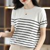 Summer New Knitted Short-Sleeved Women's Round Neck Color Matching Printed T-Shirt Loose Plus Size Half Sleeve Top