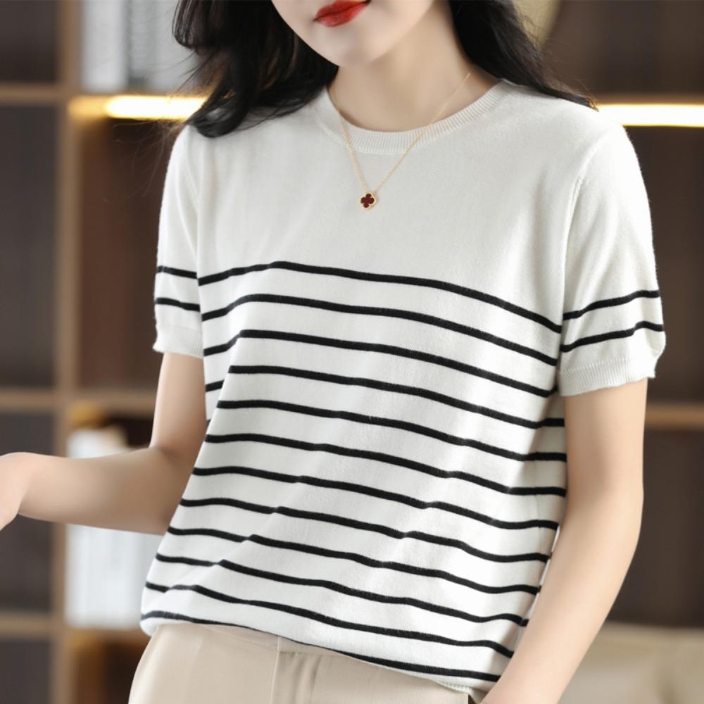 Summer New Knitted Short-Sleeved Women's Round Neck Color Matching Printed T-Shirt Loose Plus Size Half Sleeve Top