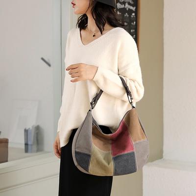 New Canvas Bag Simple Retro Stitching Color Large Bag Fashion Women's Bag Korean Handbag Shoulder Bag Fashion Messenger Bag