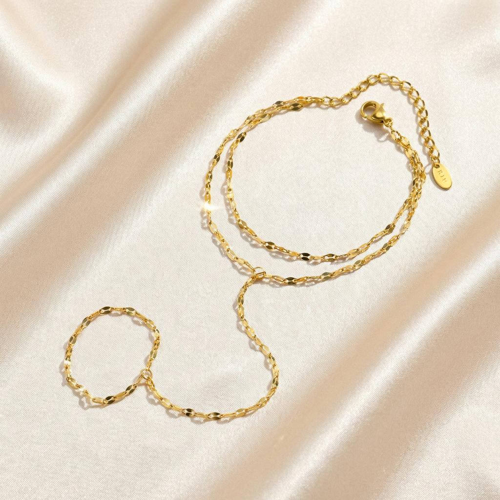 18K Gold Plated Stainless Steel Hand Chain Bracelet Finger Ring Double Layer Waterproof Jewelry for Women