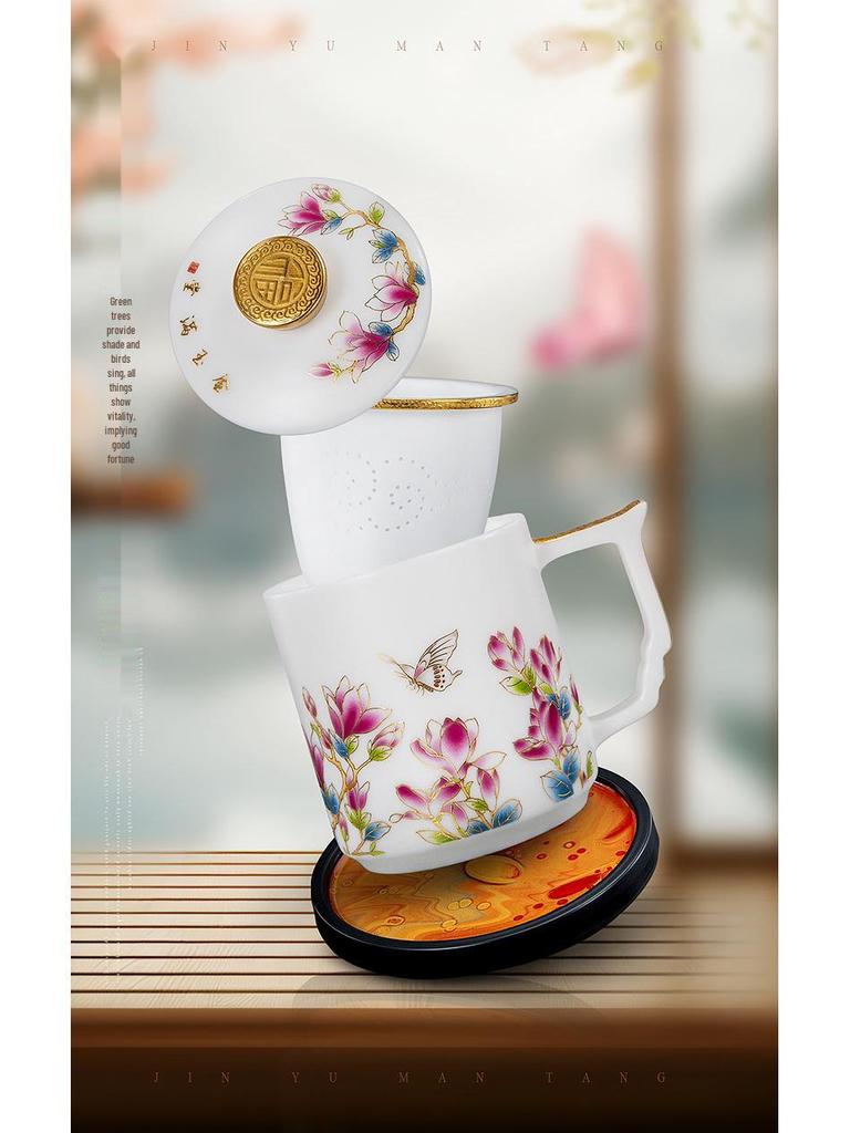 Golden Jade Ceramic Tea Cup with Lid & Filter - Large Capacity Office & Gift Cup