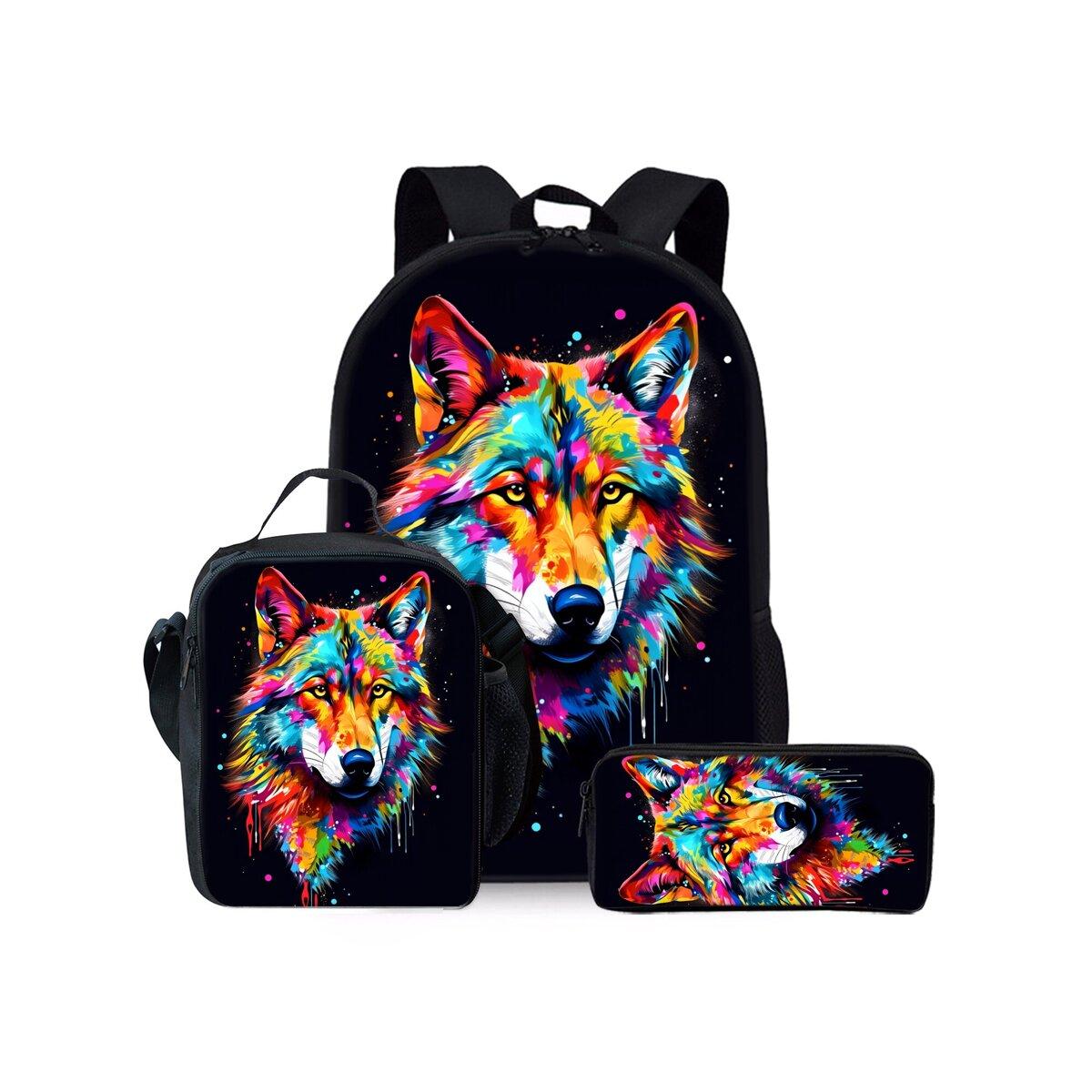 Ensemble trois pièces motif Loup et Course Sacs à dos pour Garçon et Filles Meilleurs Cadeaux Sac à dos scolaire plat dessin animé 2D pour Enfants