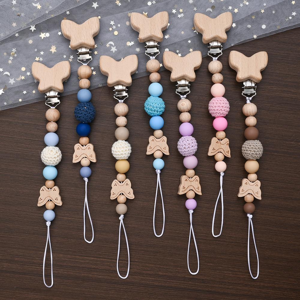 2Pcs Cartoon Animal Butterfly Beech Wooden Pacifier Baby Pacifier Clip Nipple Holder Dummy Holder Pacifier Clip for Baby Toys