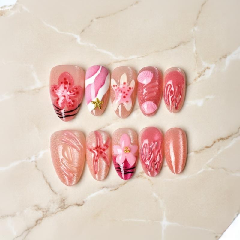 10Pcs Pink Press On Fake Nails 3D Ocean Themed Starfish Shell Design with Strong Glue for Women Girls Daily Use