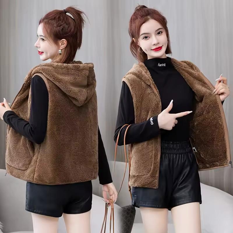 Hooded Fleece Vest Jacket Autumn Winter Women Sleeveless Jacket Lady Casual Warm Soft Waistcoat Female