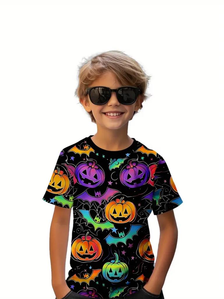 Halloween Printed T-Shirts Casual Round Neck Short-Sleeved Tops Summerand Children's Boys and Girls Fashion 3D Print Clothing