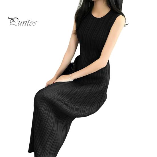 Dámské vestové šaty plisované volné s kulatým výstřihem jednobarevné rovné OL dojížděcí šaty bez rukávů midi šaty ke lýtkům