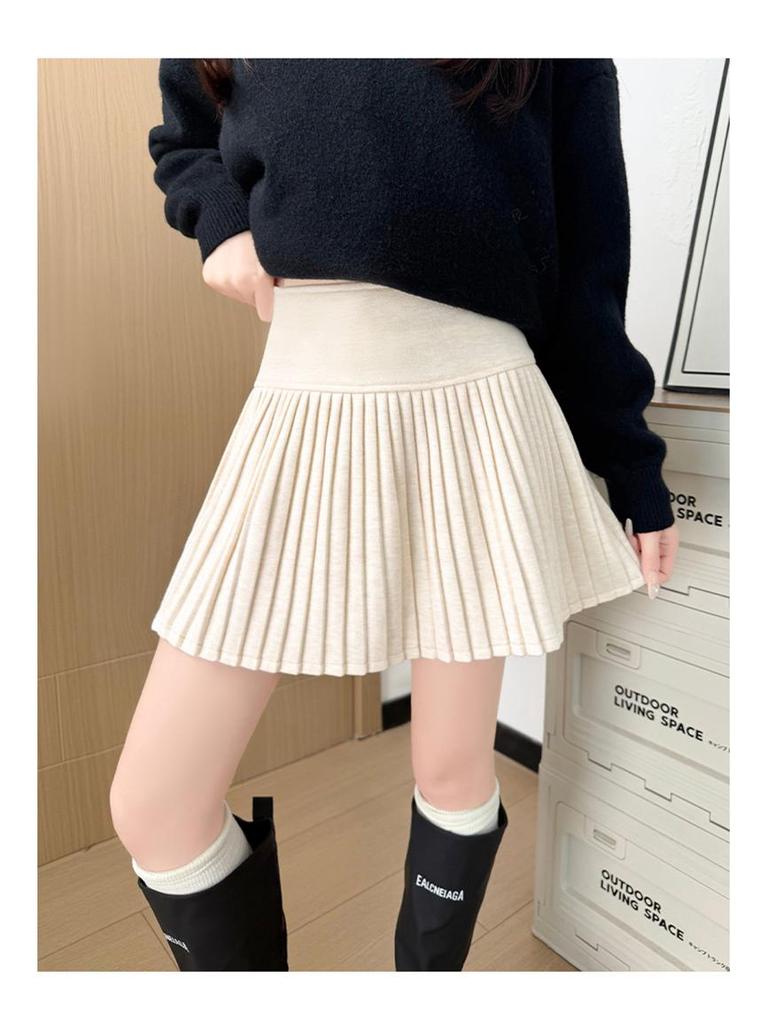 2026 New Petite Women's Grey Woolen A-line Pleated Short Skirt - Fluffy & Slimming Spring Style