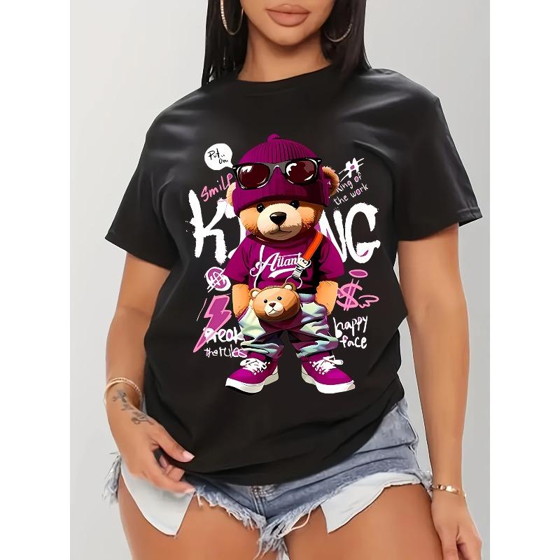 

European Size Women s Stylish Cartoon Bear Graphic T-Shirt, Short Sleeve Crew Neck Casual Top with FILthy #86.36cm Print - Light Gray 4XL чорний