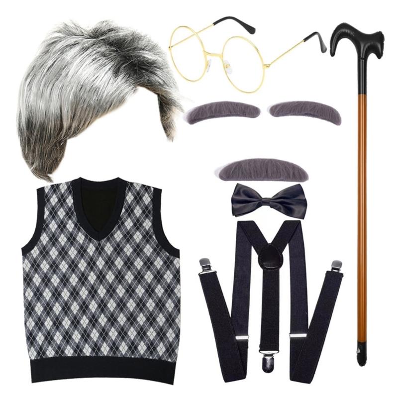 100 Days Of School Halloween Grandpa Costume Set Old Man Costume Set Hat Glasses Mustache and Eyebrows for Kids Boys