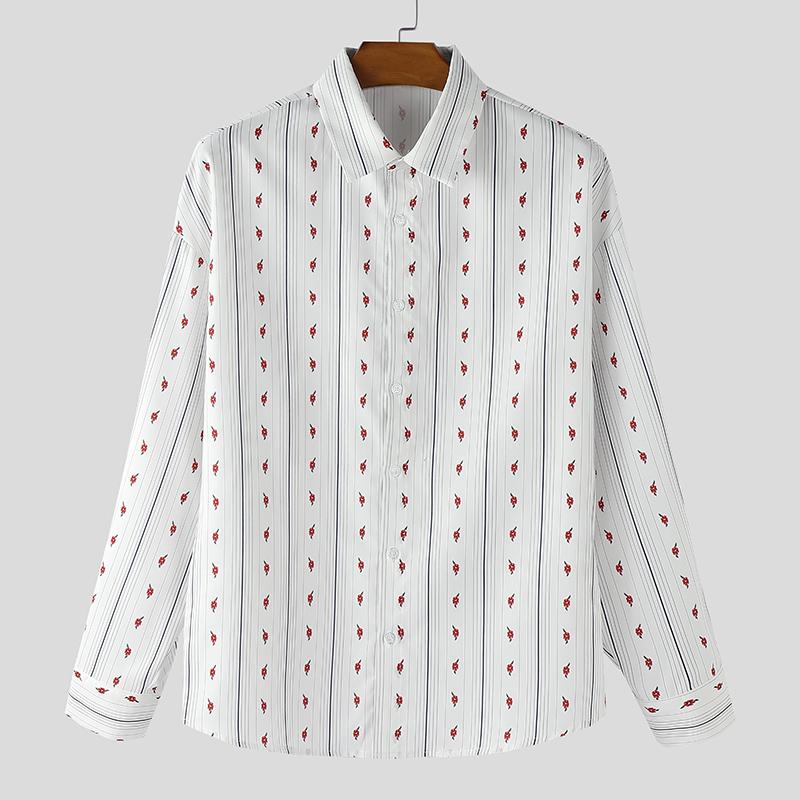 INCERUN Свободные мужские рубашки с лацканами, длинным рукавом, принтом и полосками, повседневные 4XL